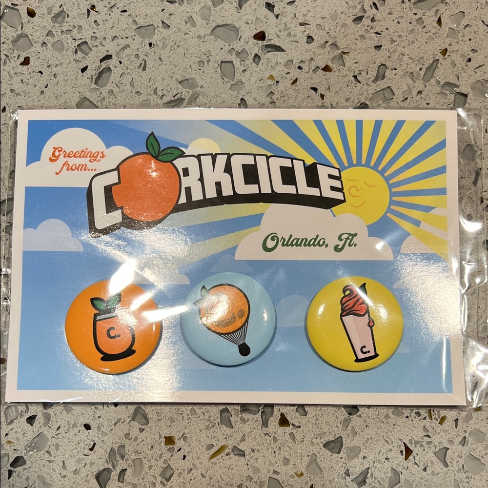 Corkcicle Button Trio with Orange and Light Blue Theme